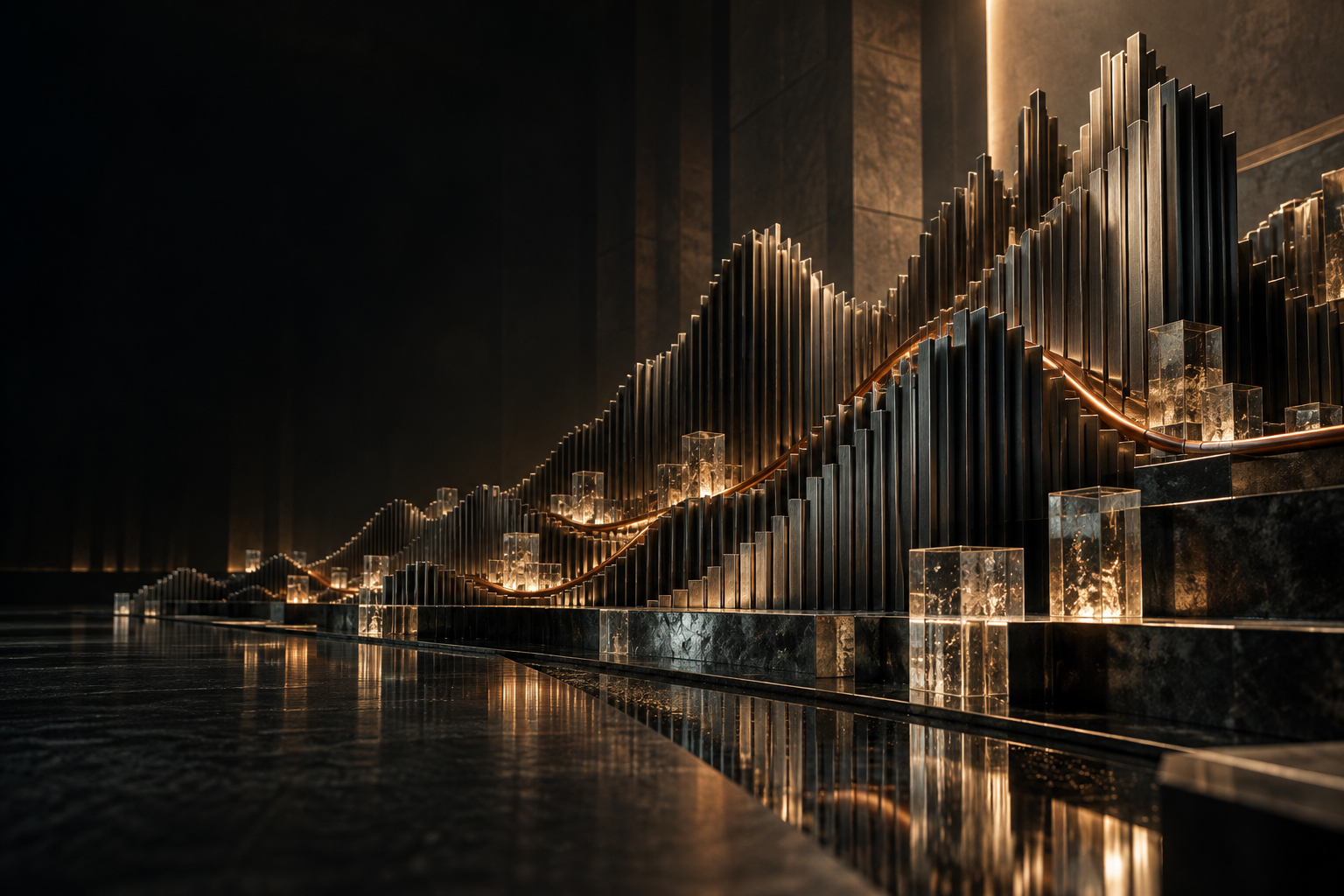 A sculptural landscape of metal data fins and a copper thread