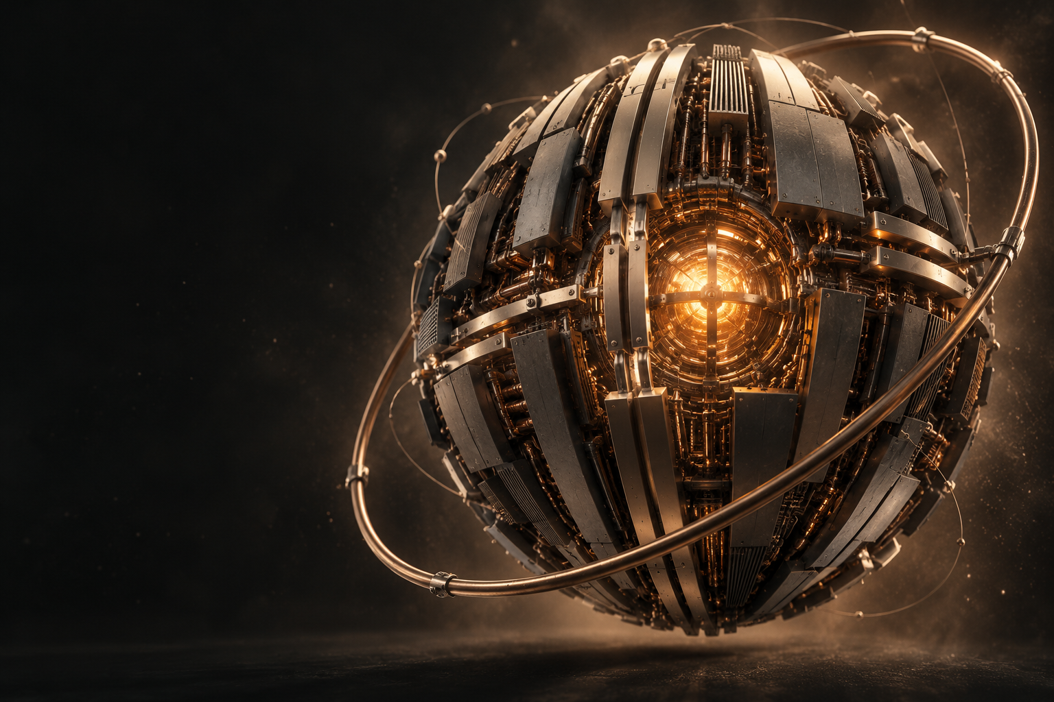 An intricate titanium model core with an illuminated copper heart